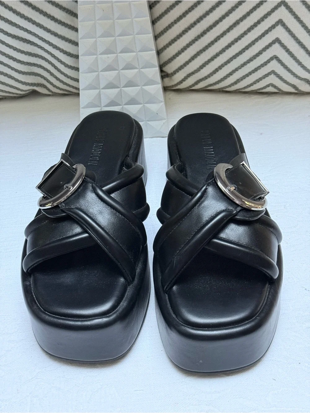 Steve Madden Black Crisscross Platform Slide Sandals with Silver Buckles